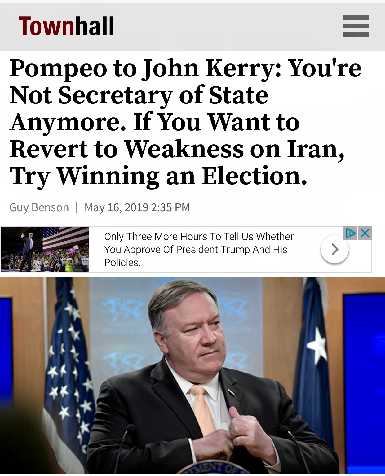 Pompeo to John Kerry: You’re Not Secretary of State Anymore. If You Want to Revert to Weakness on Iran, Try Winning an Election.
