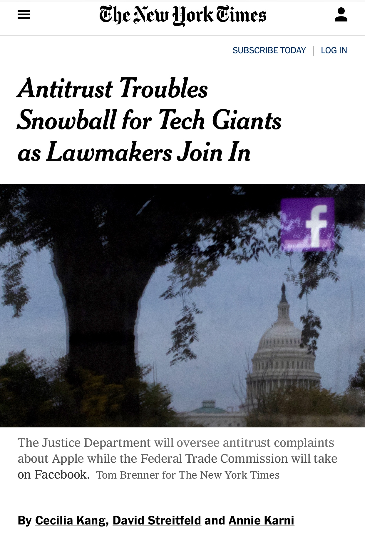 Antitrust Troubles Snowball for Tech Giants as Lawmakers Join In – The New York Times