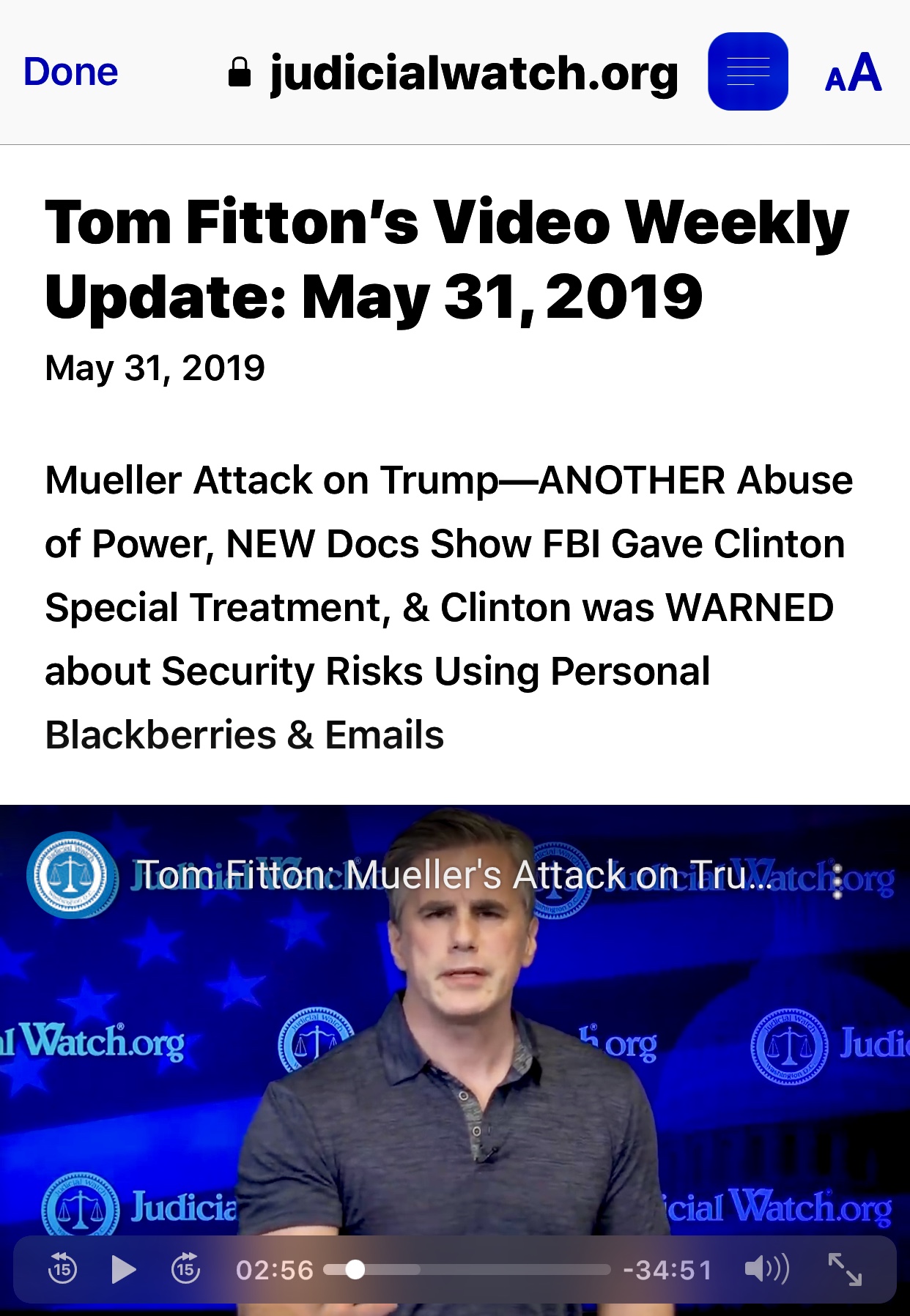 Tom Fitton’s Video Weekly Update: May 31, 2019 – Judicial Watch