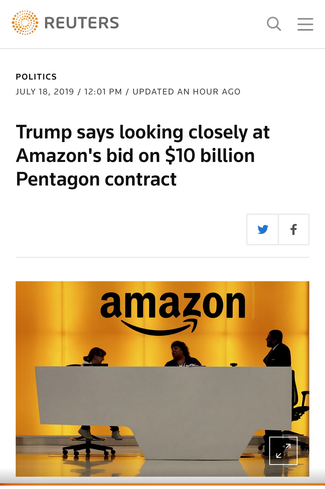 President Trump is looking closely at Amazon’s bid on $10 billion Pentagon contract – Reuters