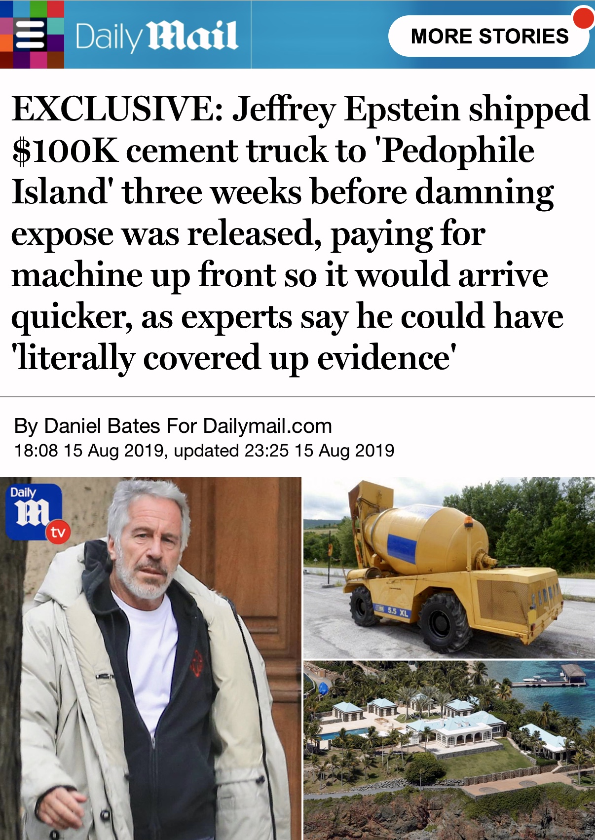 Jeffrey Epstein shipped $100 K cement truck to ‘Pedophile Island’ to cover up evidence’