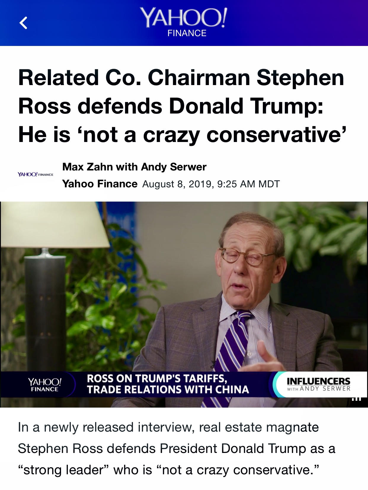 President Trump Supporter: Related Co. Chairman Stephen Ross defends Donald Trump: He is ‘not a crazy conservative’