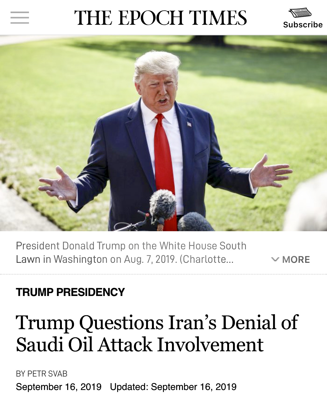 Trump Questions Iran’s Denial of Saudi Oil Attack Involvement