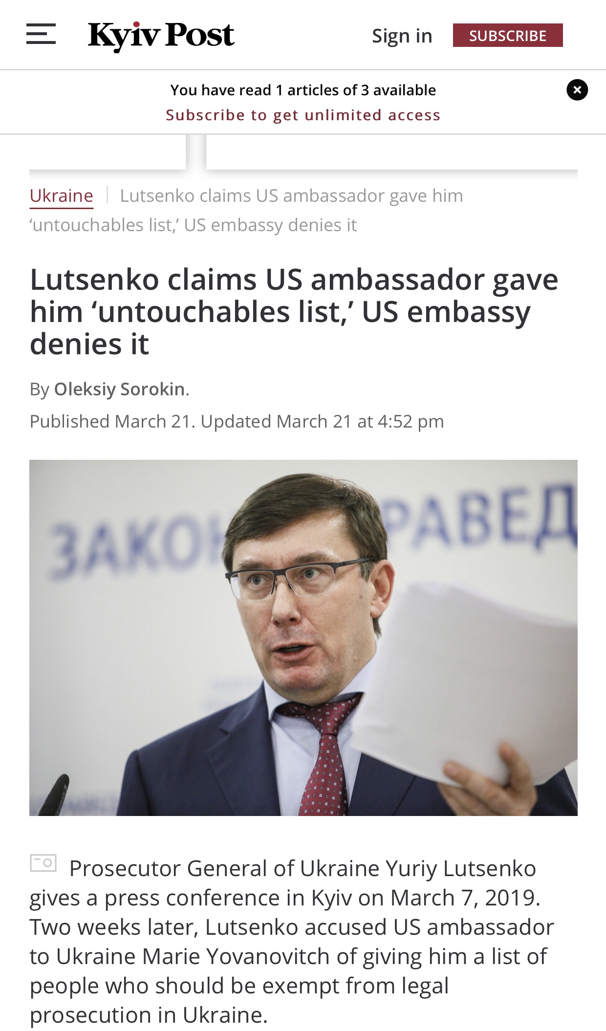 Lutsenko Claims US Ambassador Gave Him ‘untouchables list,’ US Embassy Denies It