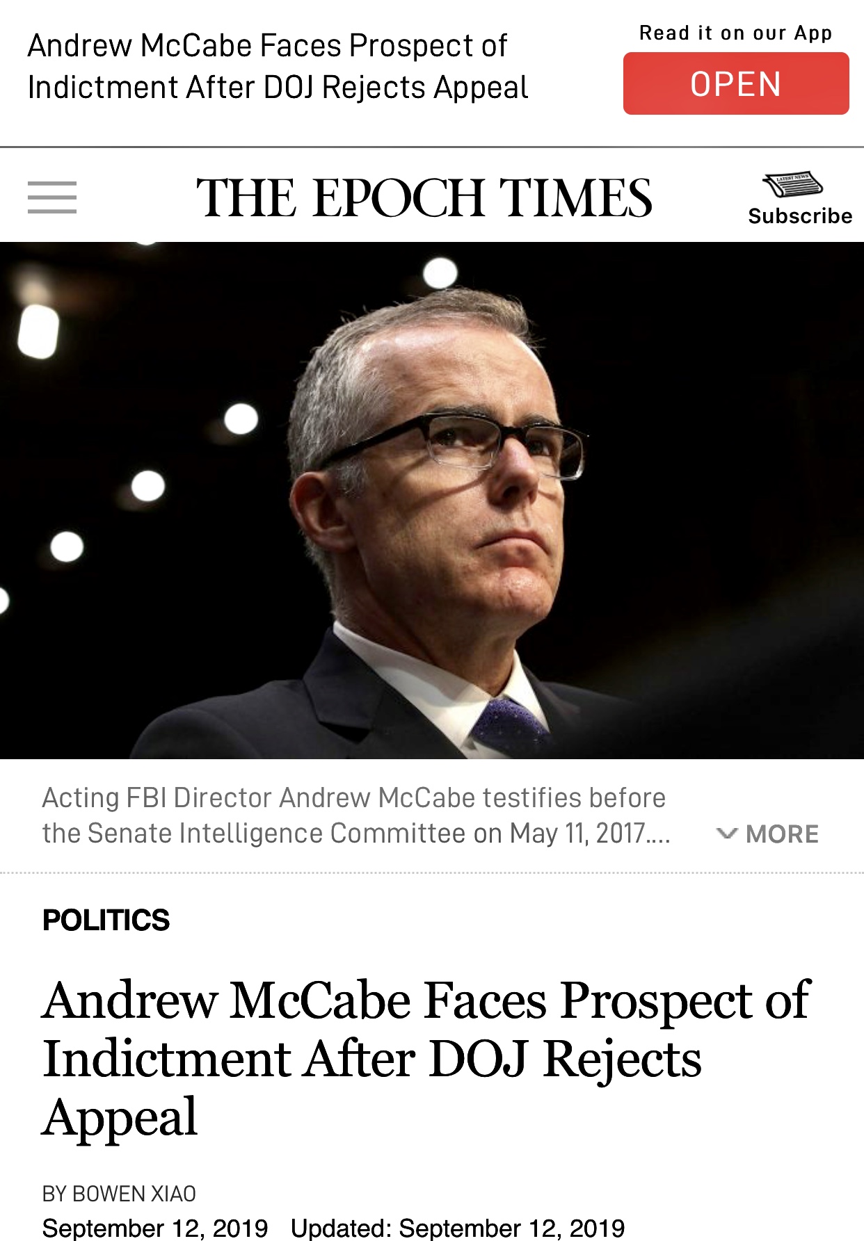 Andrew McCabe Faces Prospect of Indictment After DOJ Rejects Appeal