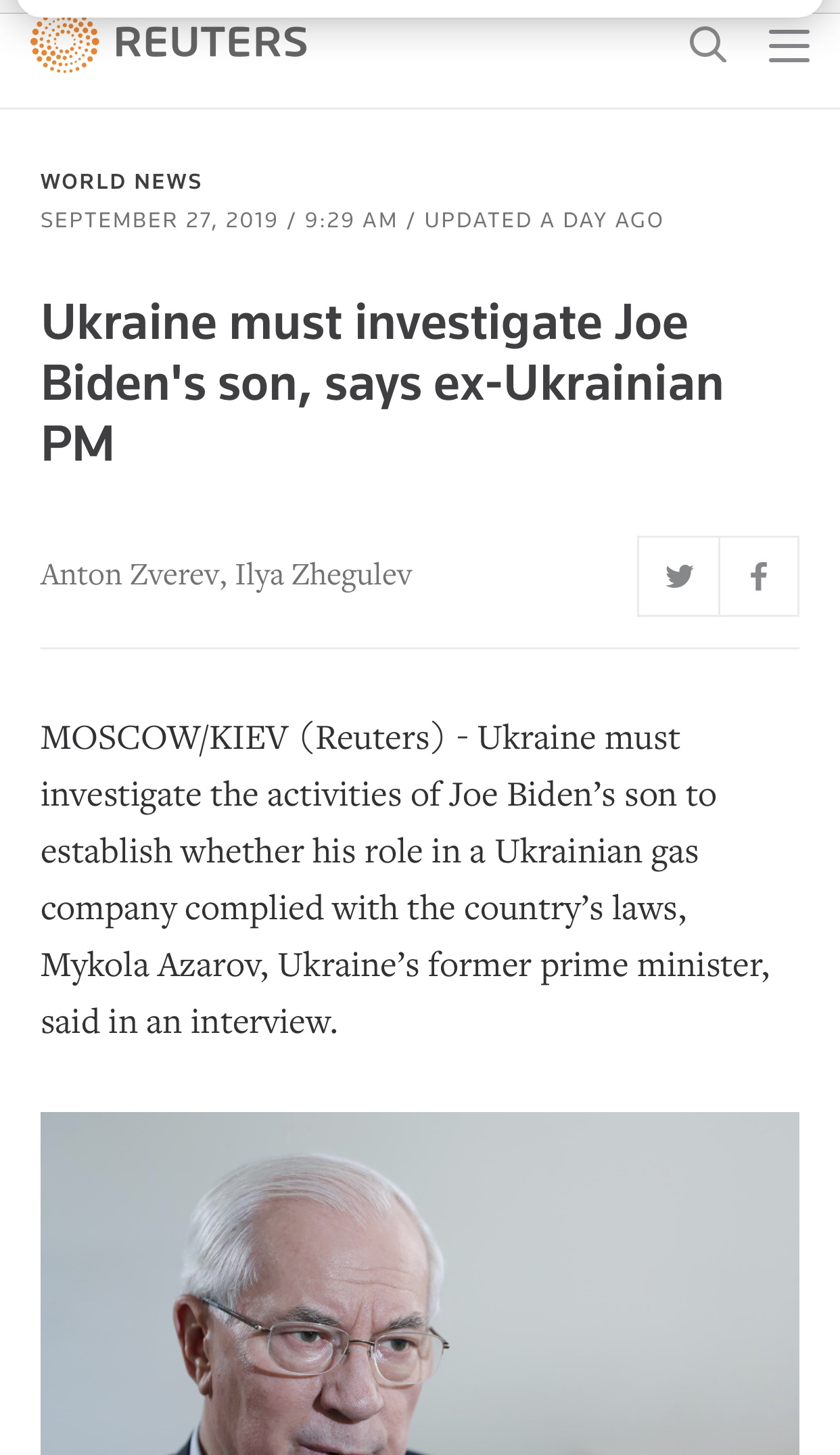 Ukraine Must Investigate Joe Biden’s son, Says ex-Ukrainian PM