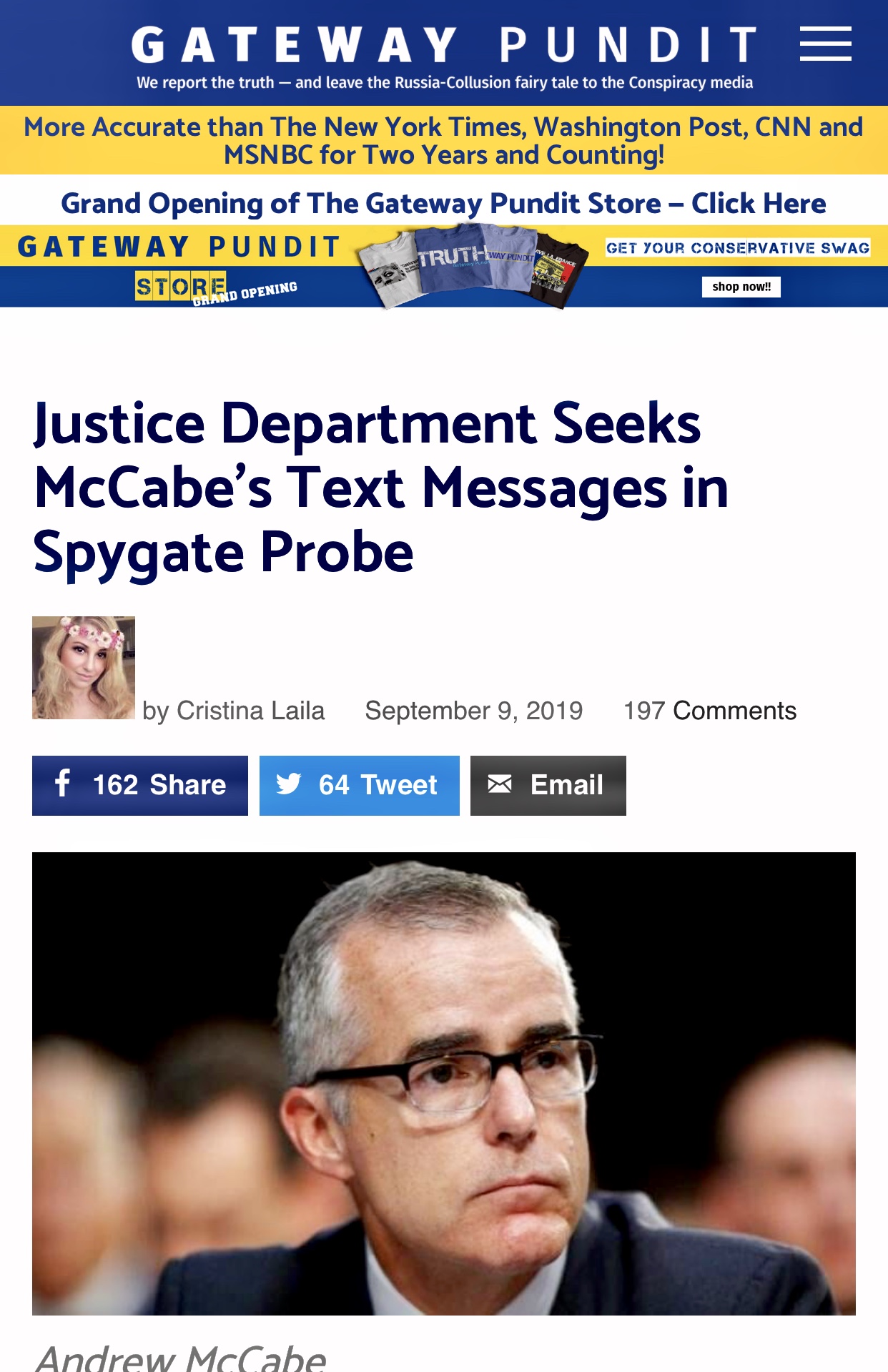 Justice Department Seeks McCabe’s Text Messages in Spygate Probe