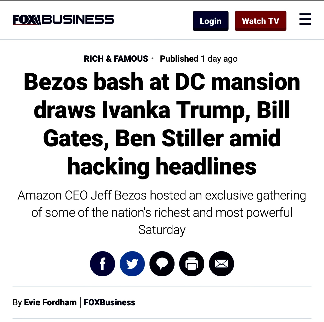 Bezos Bash at DC Mansion Attended by Ivanka Trump, Bill Gates, Ben Stiller amid hacking headlines | Fox Business