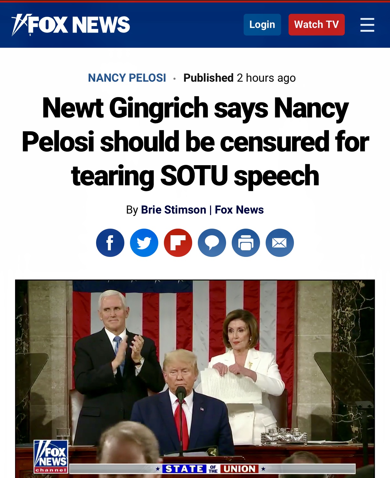 Newt Gingrich says Nancy Pelosi Should be Censured for Tearing SOTU Speech