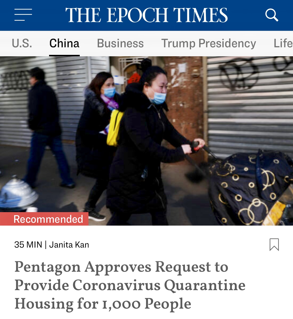 Pentagon Approves Request to Provide Coronavirus Quarantine Housing for 1,000 People