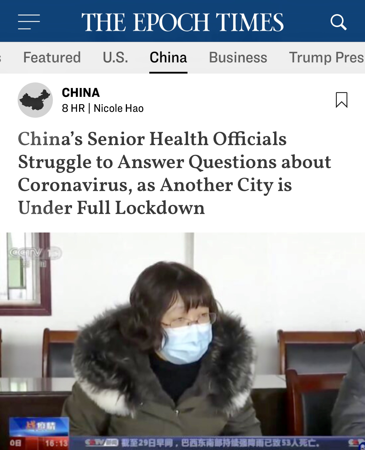 China’s Senior Health Officials Not Answering Questions Re: Coronavirus – Another City Under Full Lockdown