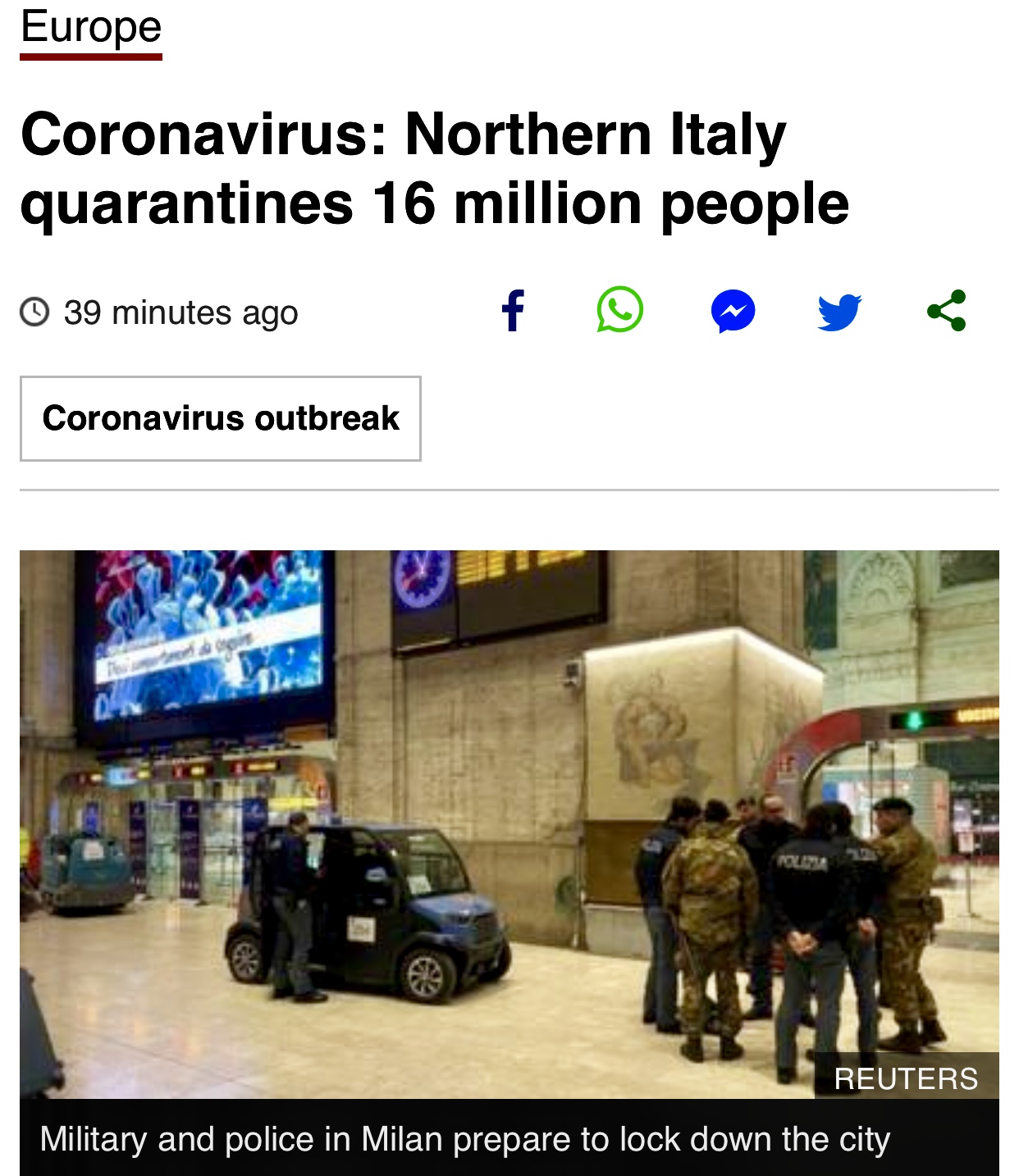 Coronavirus: Northern Italy quarantines 16 million people – BBC News