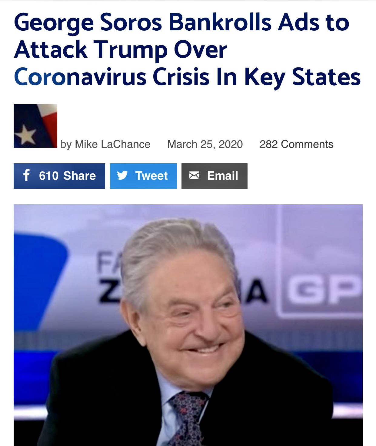 George Soros Bankrolls Ads to Attack Trump Over Coronavirus Crisis In Key States