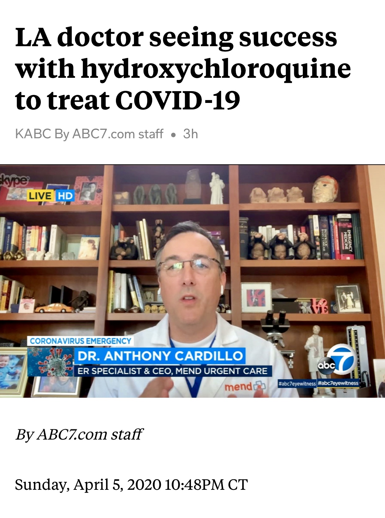 LA Doctor is Seeing Success with Hydroxychloroquine to Treat Covid-19