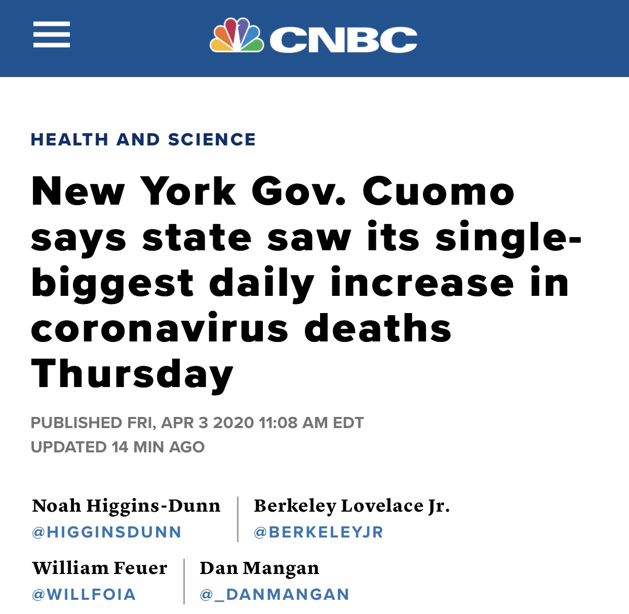 NY Governor Cuomo Says State Saw Its Biggest Daily Increase in Coronavirus Deaths Thursday