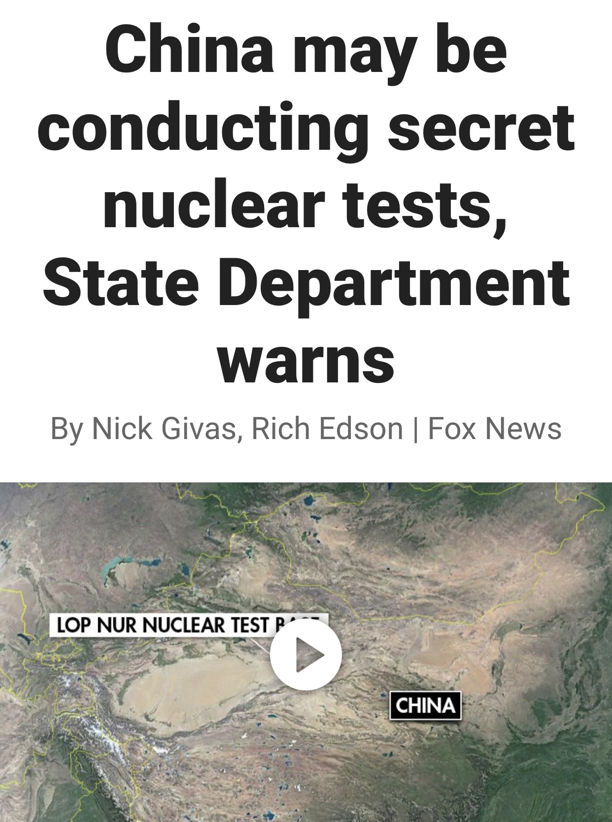 State Department Warns China is Conducting Secret Nuclear Tests
