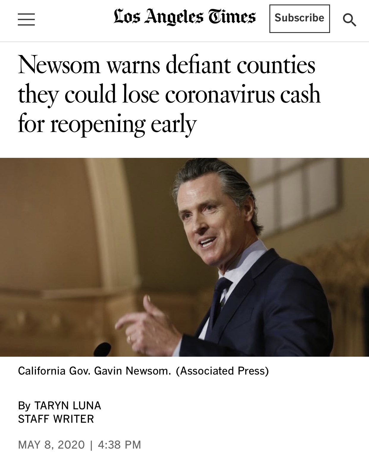 Newsom Warns Counties That They Could Lose Coronavirus Cash By Reopening Early