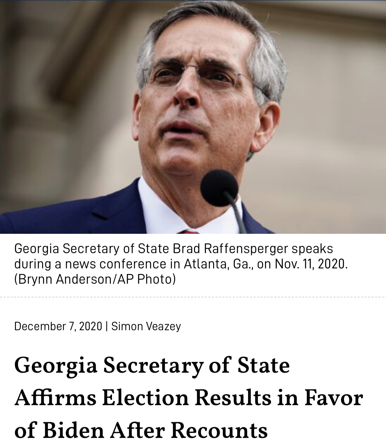 Georgia Secretary of State Affirms Election Results in Favor of Biden After Recounts