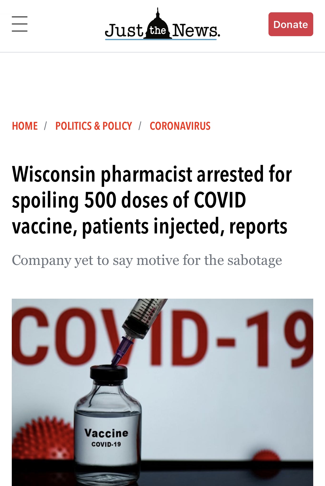 Wisconsin Pharmacist Arrested for Spoiling 500 Doses of COVID Vaccine, Patients Injected, Reports