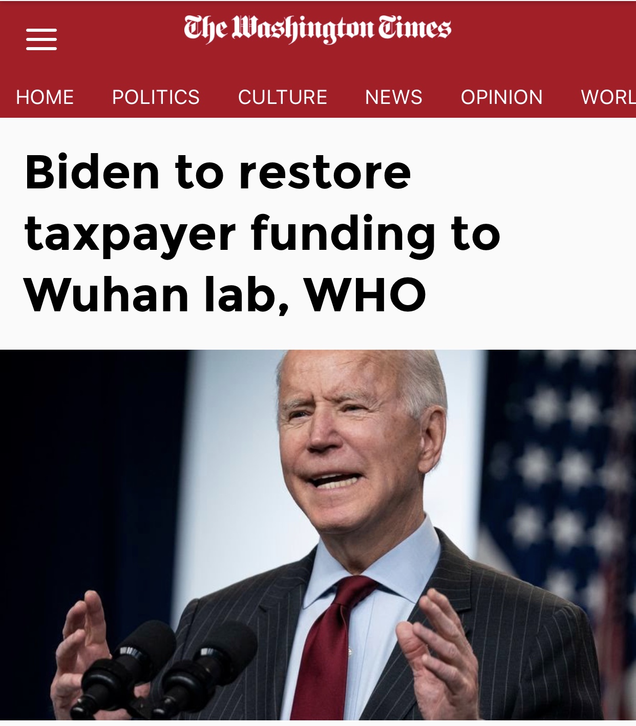 Projected Elect Biden to restore taxpayer funding to Wuhan lab, WHO