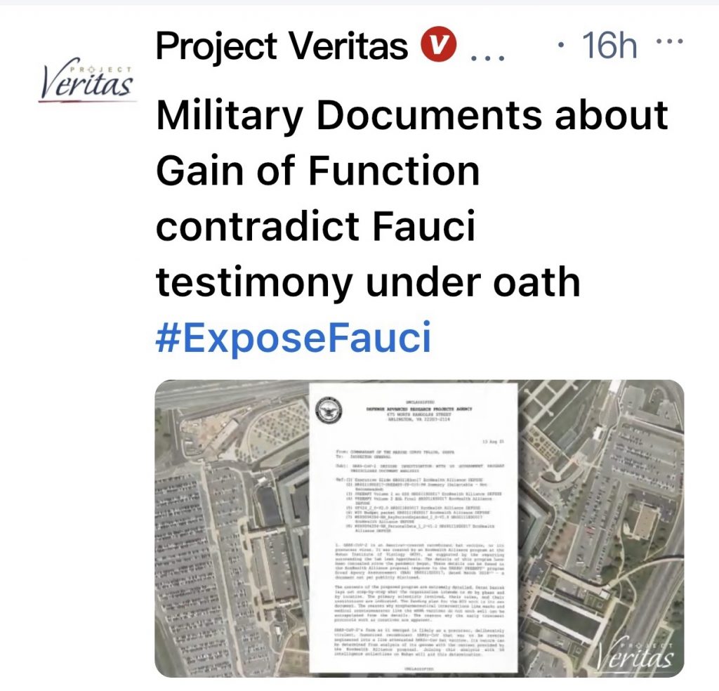 🚨🚨🚨Project Veritas: Military Documents Re: Gain of Function Contradict Fauci testimony Under Oath