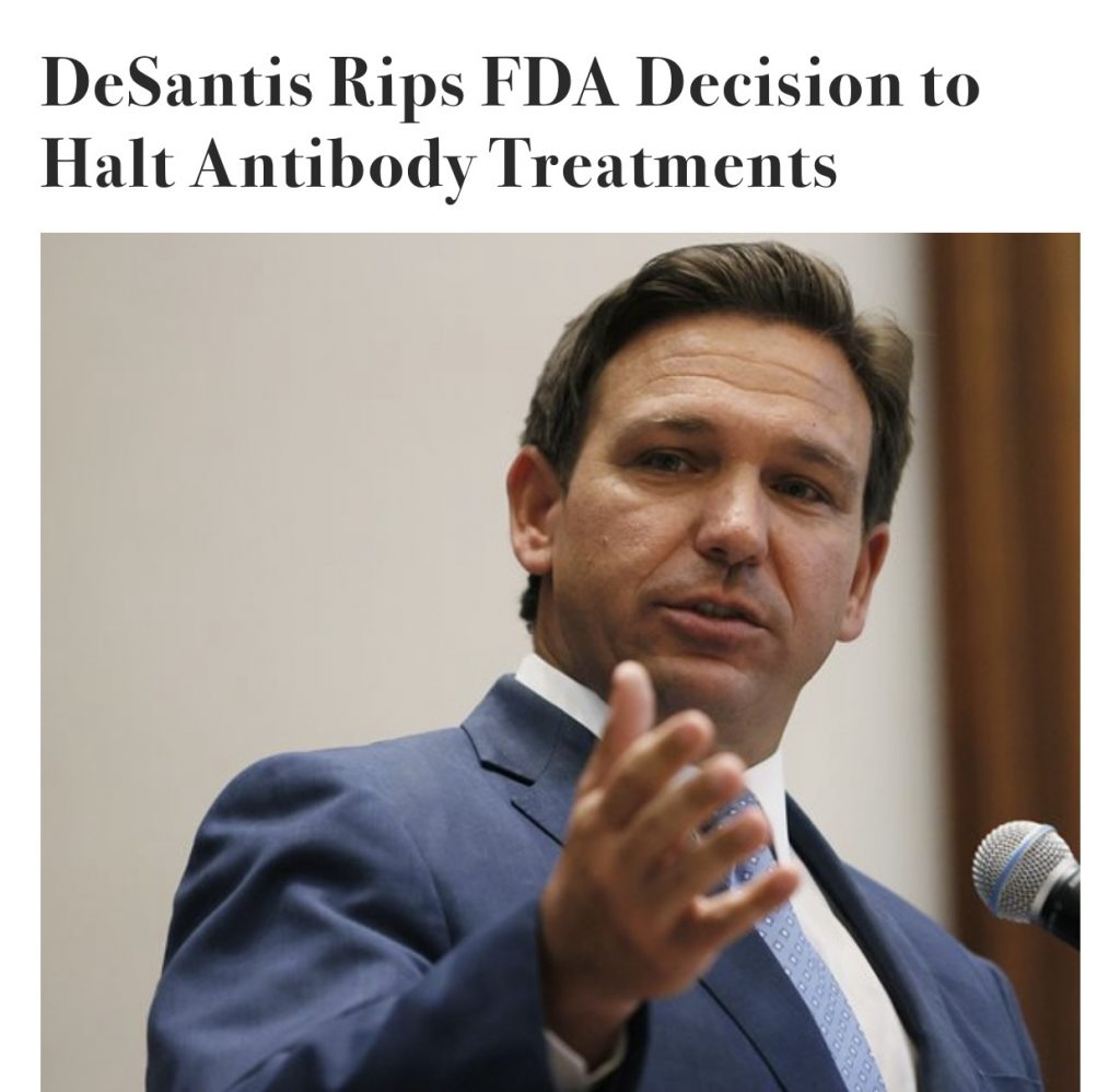 Gov DeSantis Rips FDA Decision to Halt Antibody Treatments
